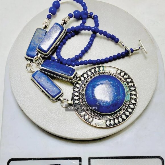 Blue Lapis Lazuli Pendant Necklace: Beaded Gemstone, Tribal Jewelry - Picture 12 of 13